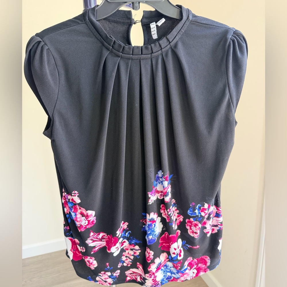 Elle Black Blouse with Pink and Blue Floral Design